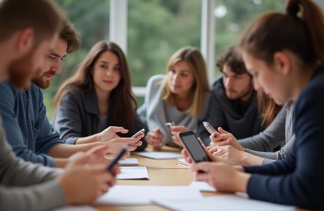 People in a workshop setting with smartphones